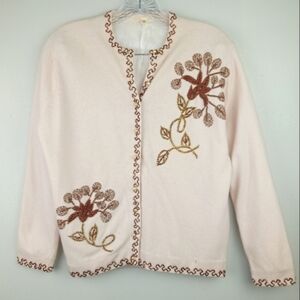 Vintage 1950's Lambswool and Angora Beaded Button Down Cardigan in Cream Sz. 42